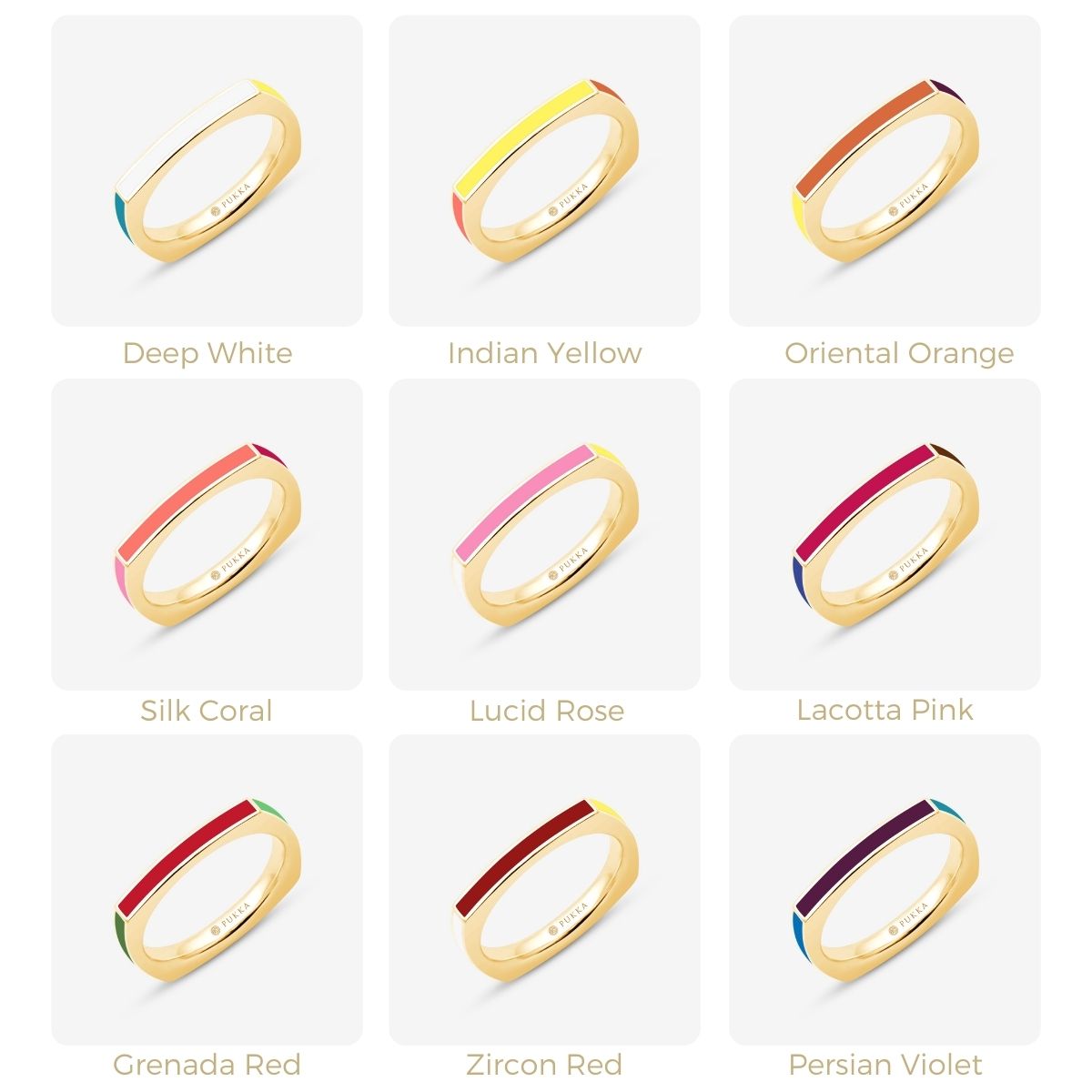 Neun quadratische Ringe in Rot-, Gelb- und Rosatönen in Kombination mit anderen Farben mit goldener Fassung in Rasteransicht dargestellt