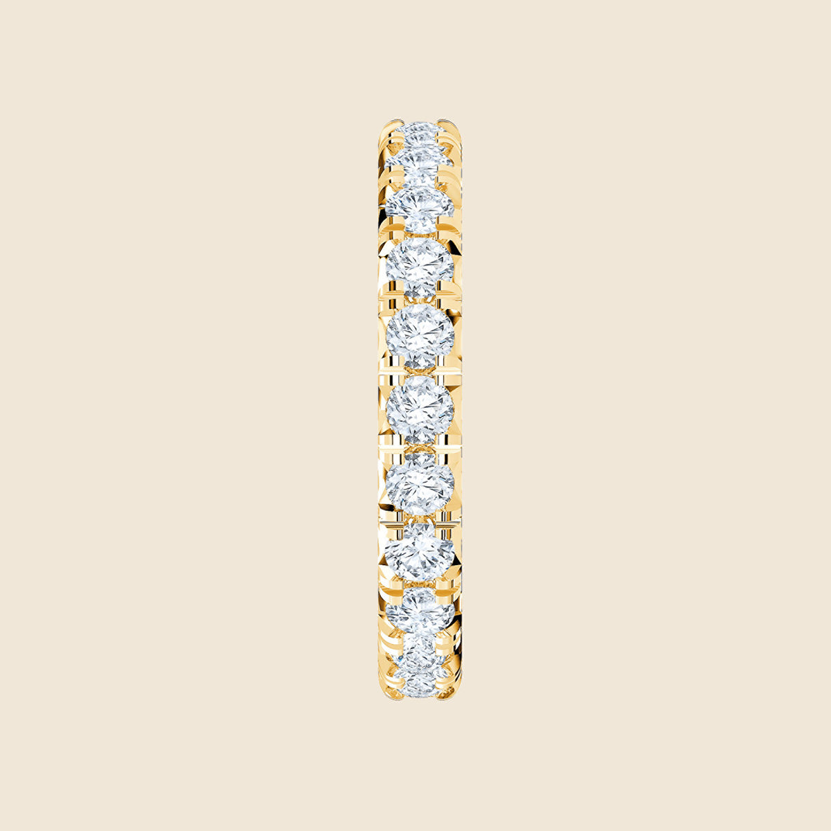 Seitenansicht auf Ehering mit Diamant-Vollbesetzung.
