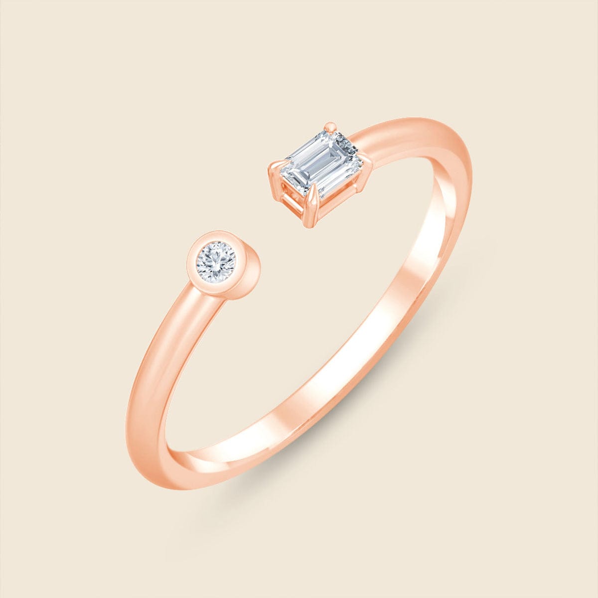 Rosegoldener offener Ring mit Lab Diamanten in Rund- und Smaragtschliff