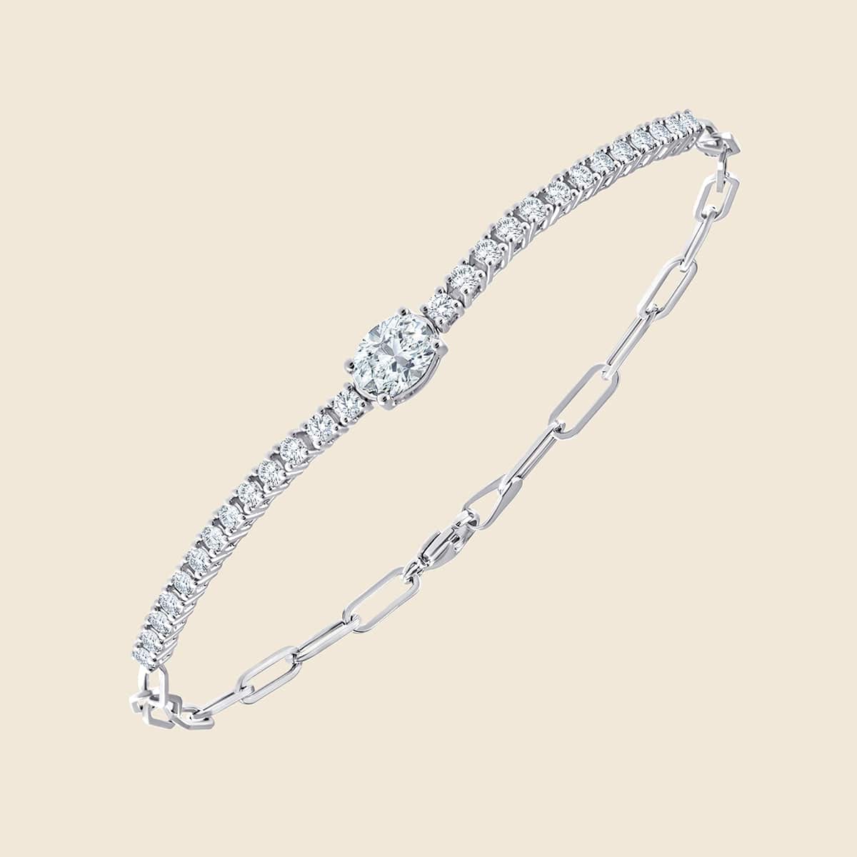 Diamantarmband in Weißgold mit zentralem Lab Diamanten in Ovalschliff