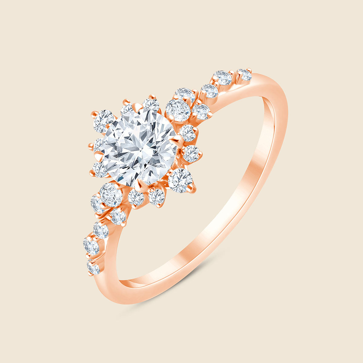 Rosegoldring mit einem zentralen, großem Lab-Diamanten im Rund-Schliff, umgeben von einem Halo von kleinen Diamanten