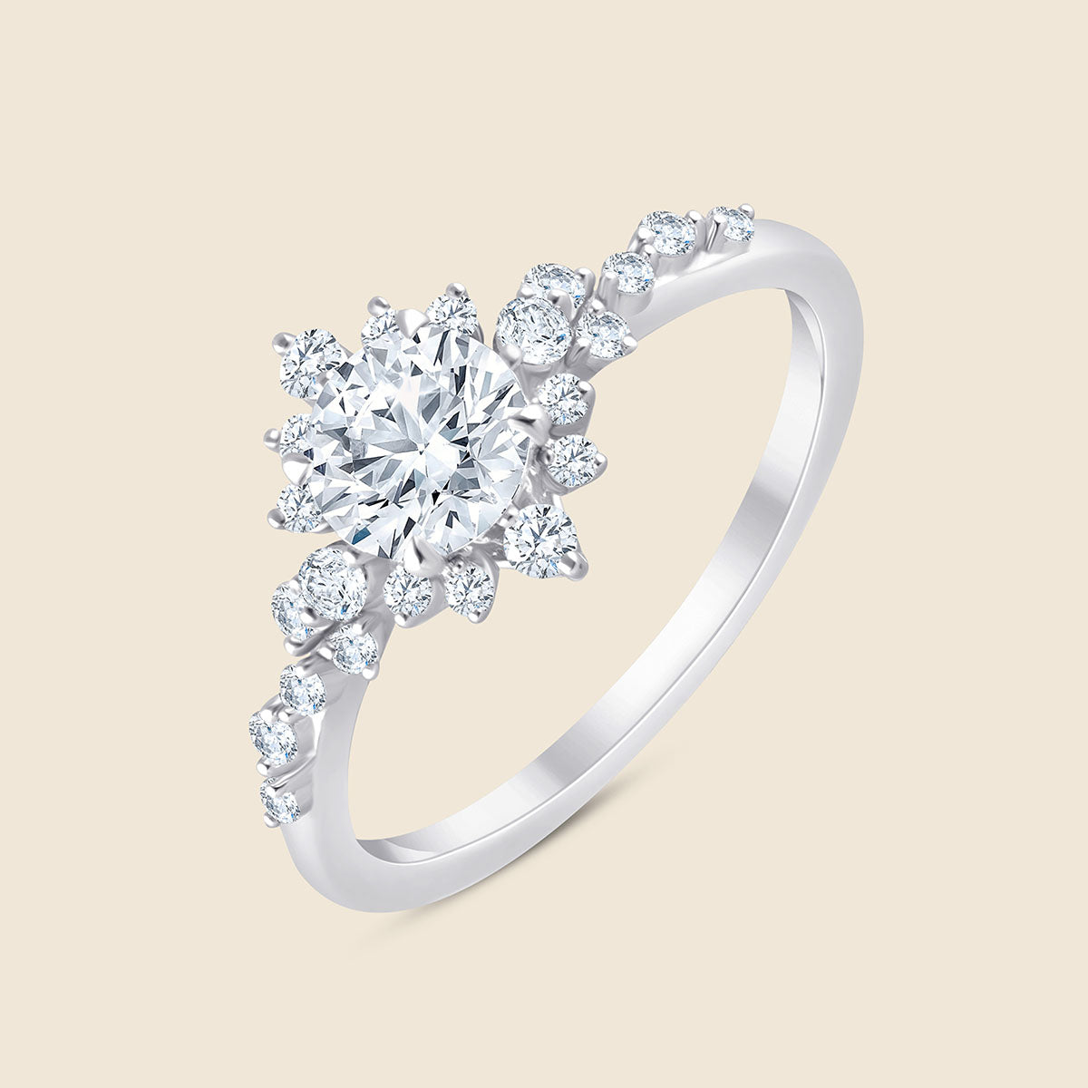 950er Platinring mit einem zentralen, großem Lab-Diamanten im Rund-Schliff, umgeben von einem Halo von kleinen Diamanten