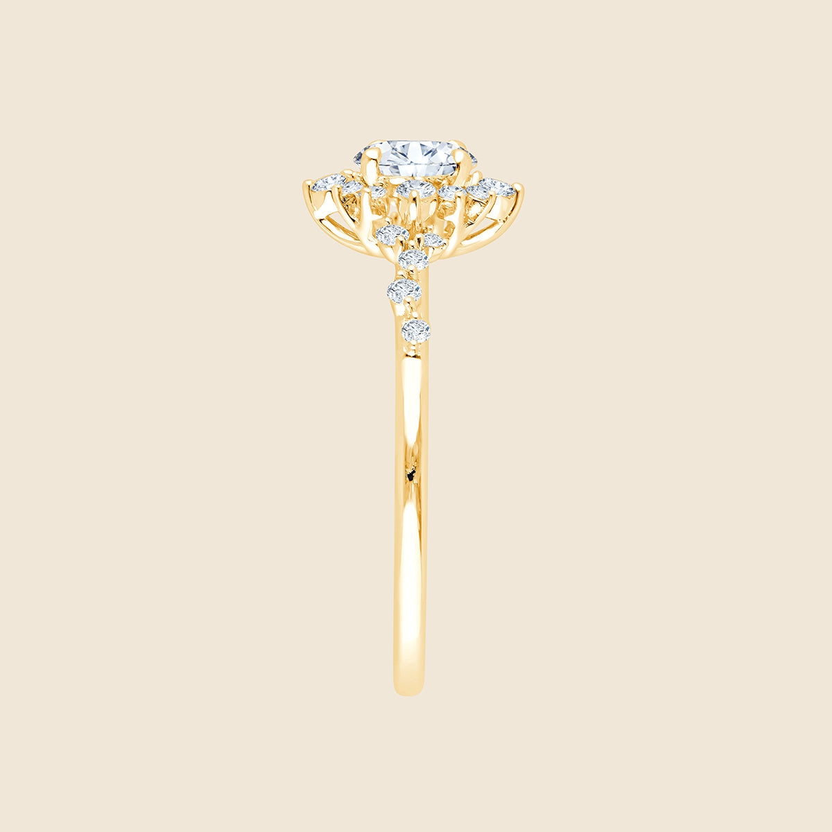 Goldring von der Seite, mit einem Lab-Diamanten in Rund-Schliff an der Spitze und einem Halo aus kleineren Diamanten, sowie ein Verlauf an Diamanten die Ringseite hinab.