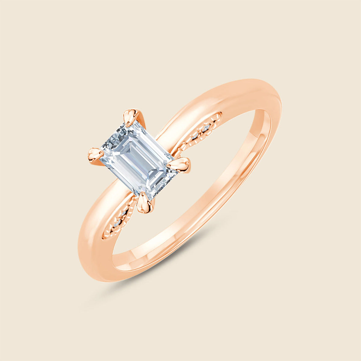 Rosegoldring von oben mit einem großen Lab-Diamanten im Emerald-Schliff