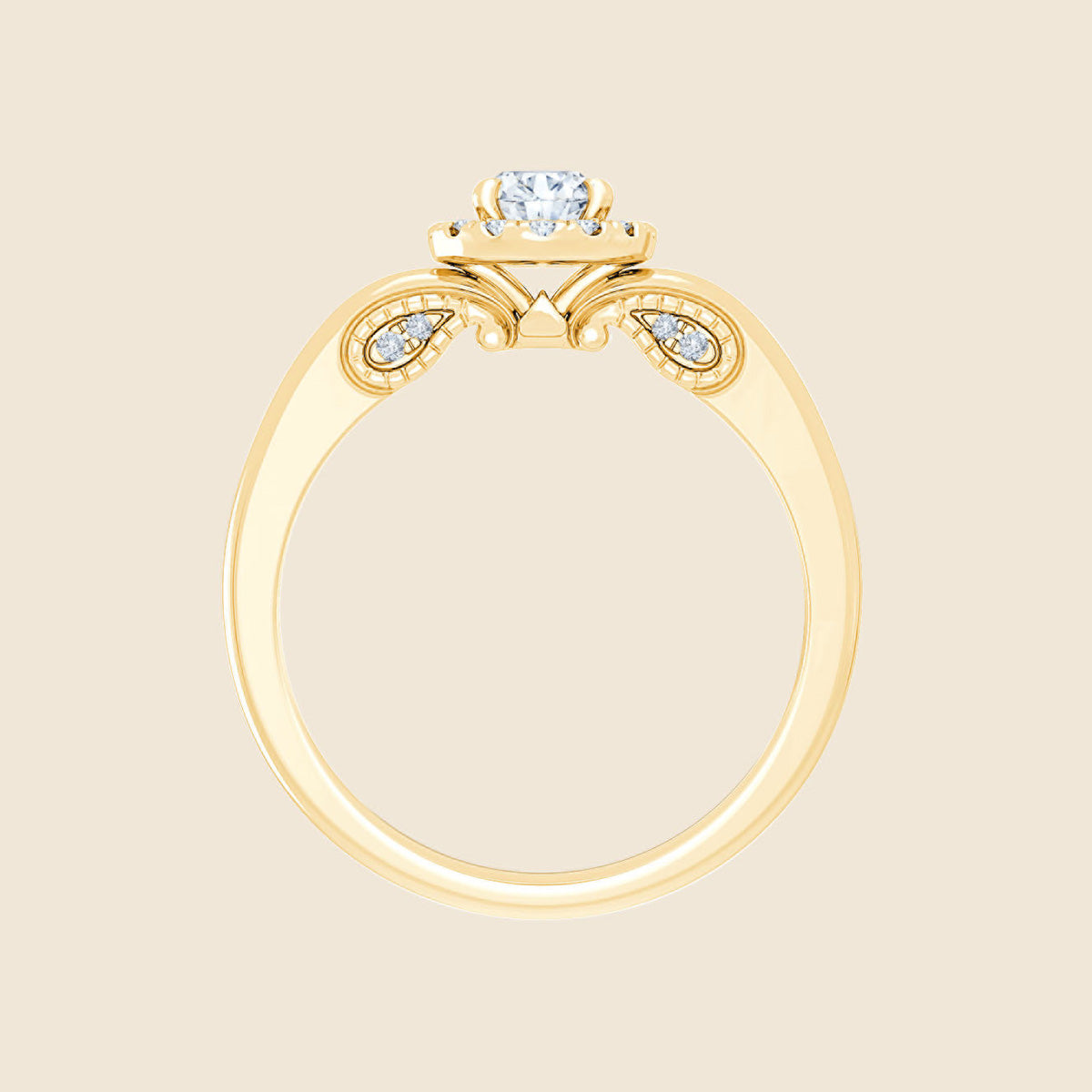 Goldring von Vorne mit großem Lab-Diamanten und Paisley-Verzierung