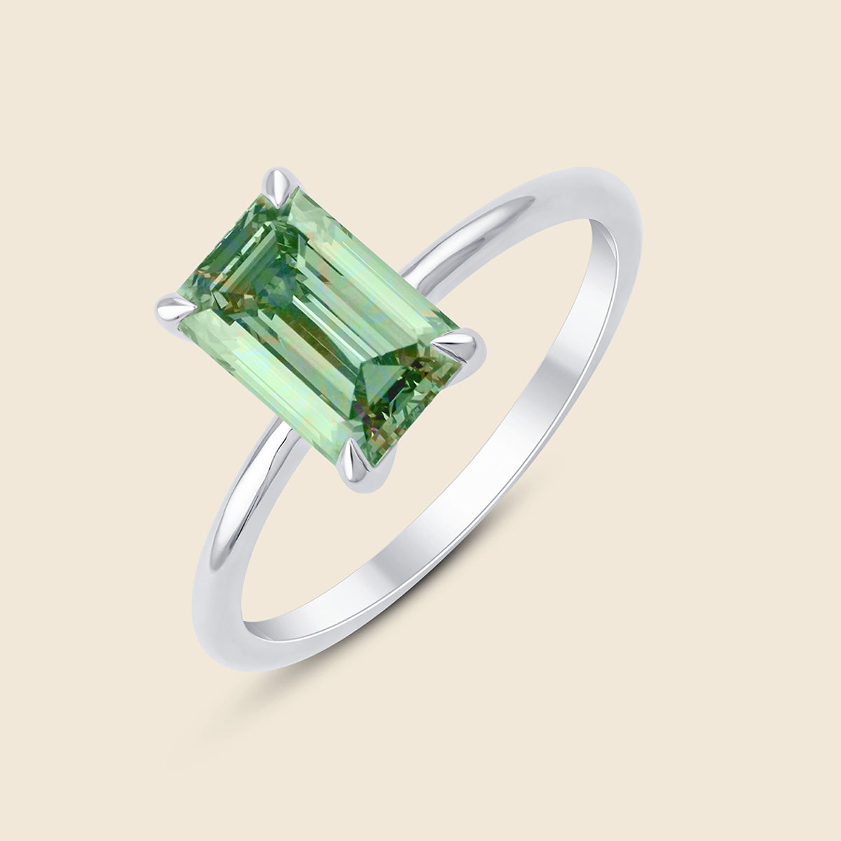 Weißgoldener Ring mit grünem Lab-Diamant im Smaragd-Schliff