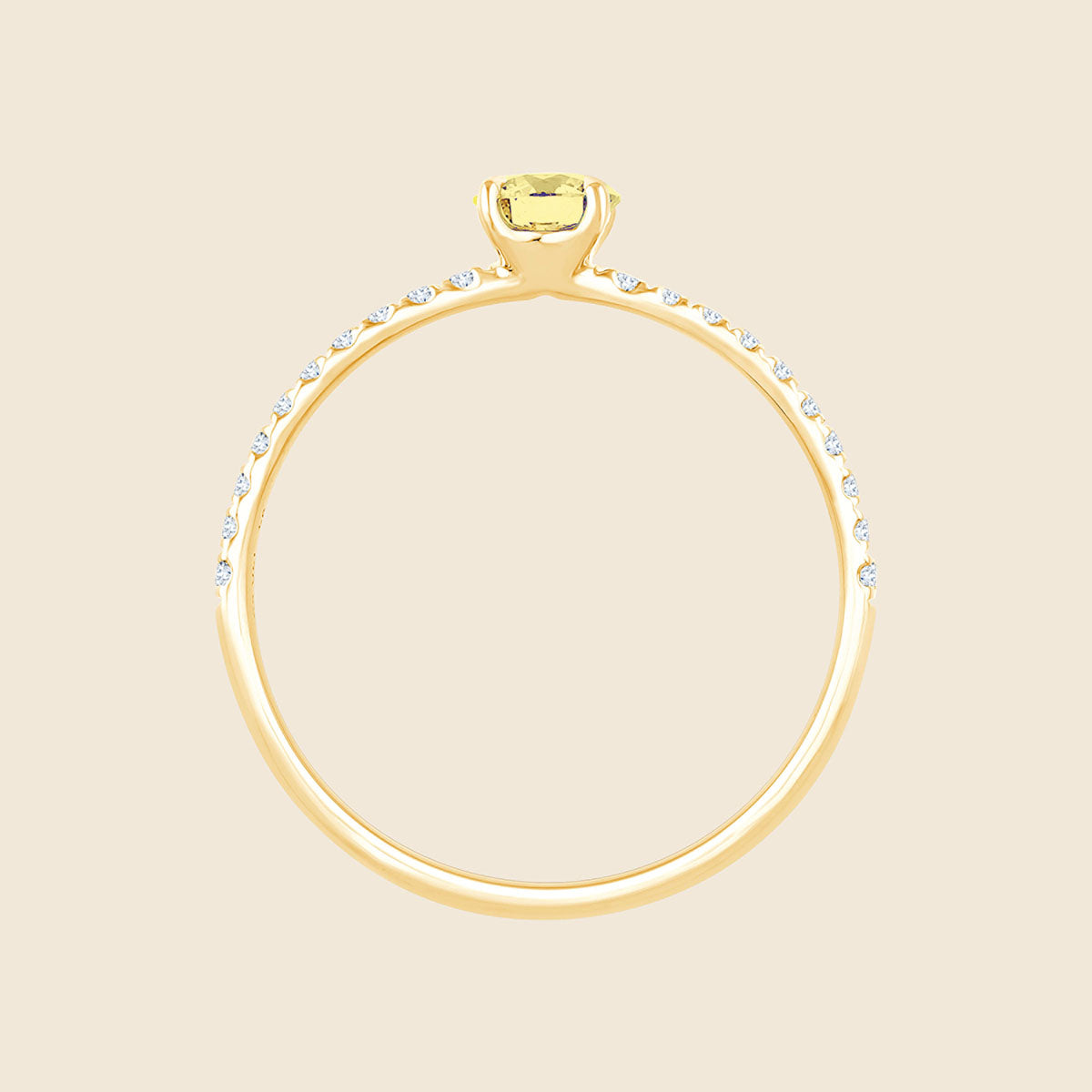 Ring versetzt mit kleinen Diamanten und einem gelbem Lab-Diamanten von vorne
