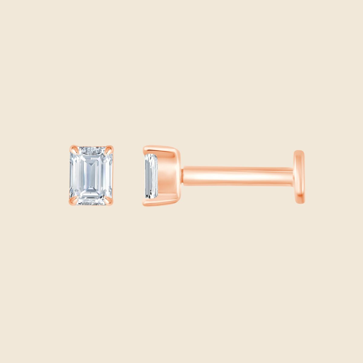 Rosegold Piercing mit filigranen Lab Diamant im Emeraldschliff