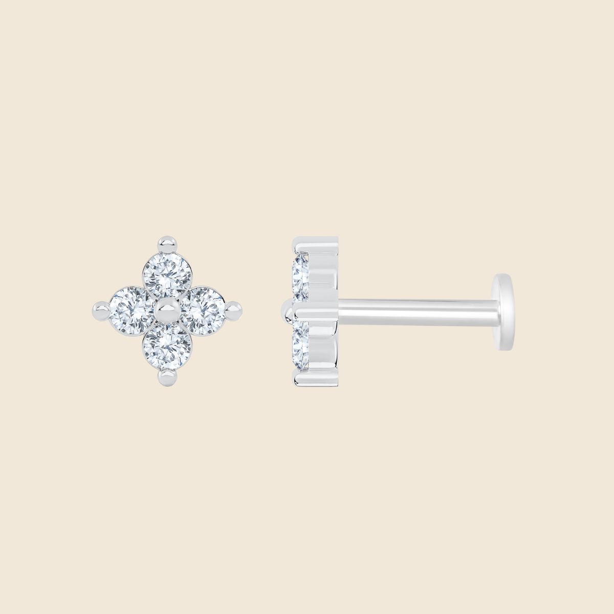 14k weißgoldenes Piercing mit vier Lab Diamanten im Rundschliff