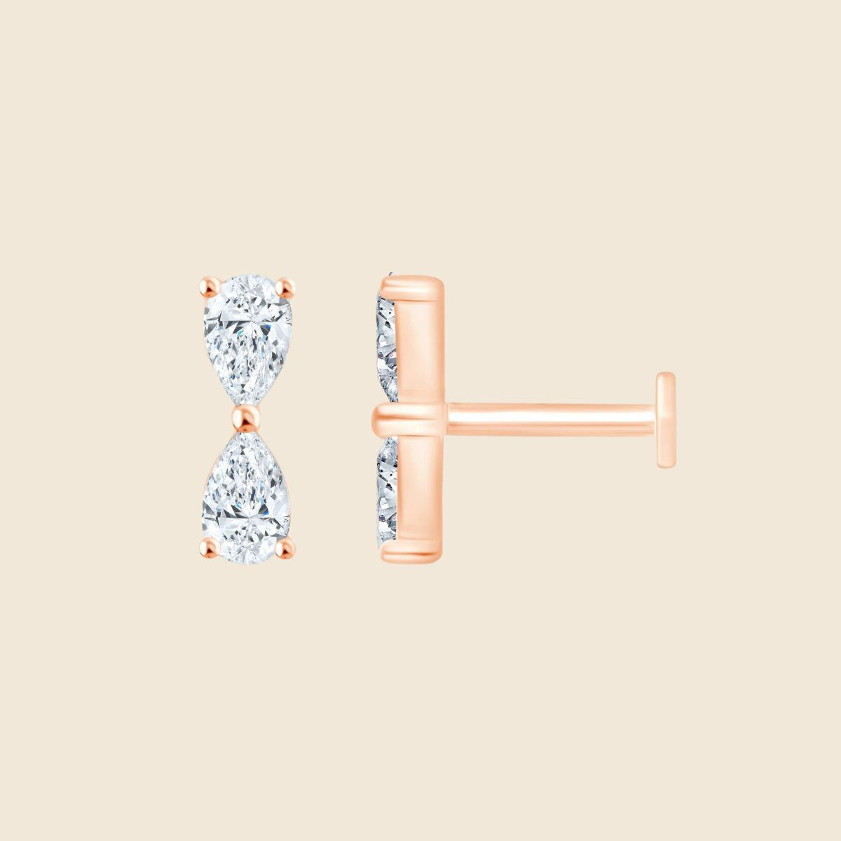 rosegoldenes Piercing mit zwei Lab Diamanten im Tropfenschliff