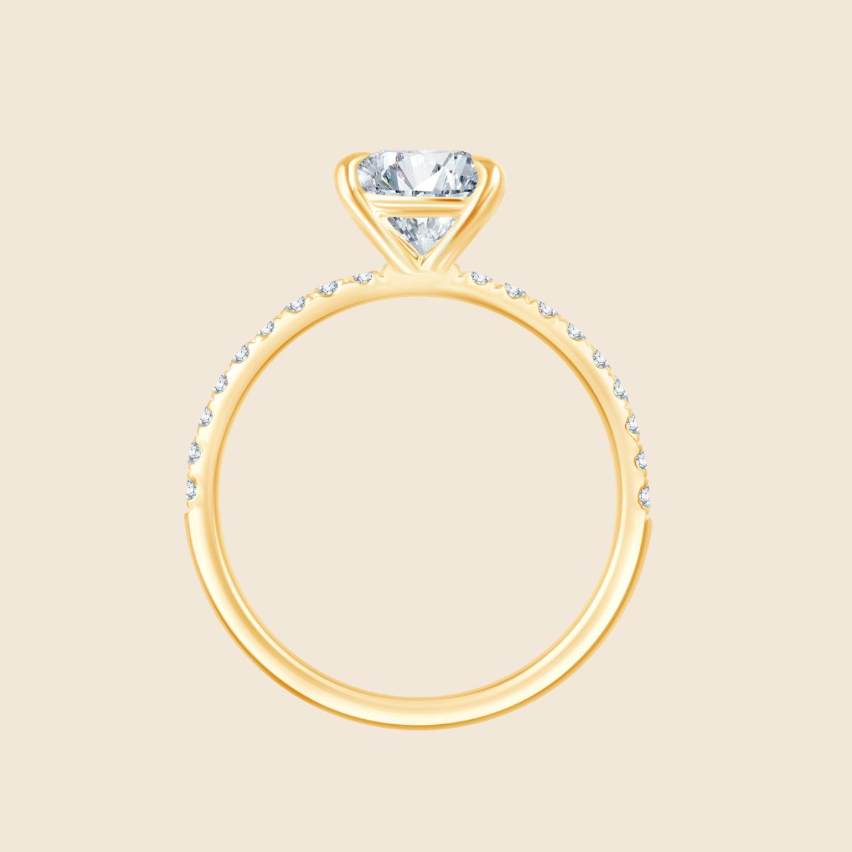 Draufsicht, gelbgoldener Verlobungsring mit runden Labor Diamanten im Ringband