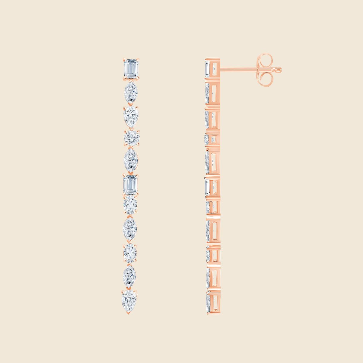 Rosegoldene lange Ohrhänger mit Labor Diamanten abwechselnd im Marquise-, Emerald-, Rund-, Oval- und Pear-Schliff