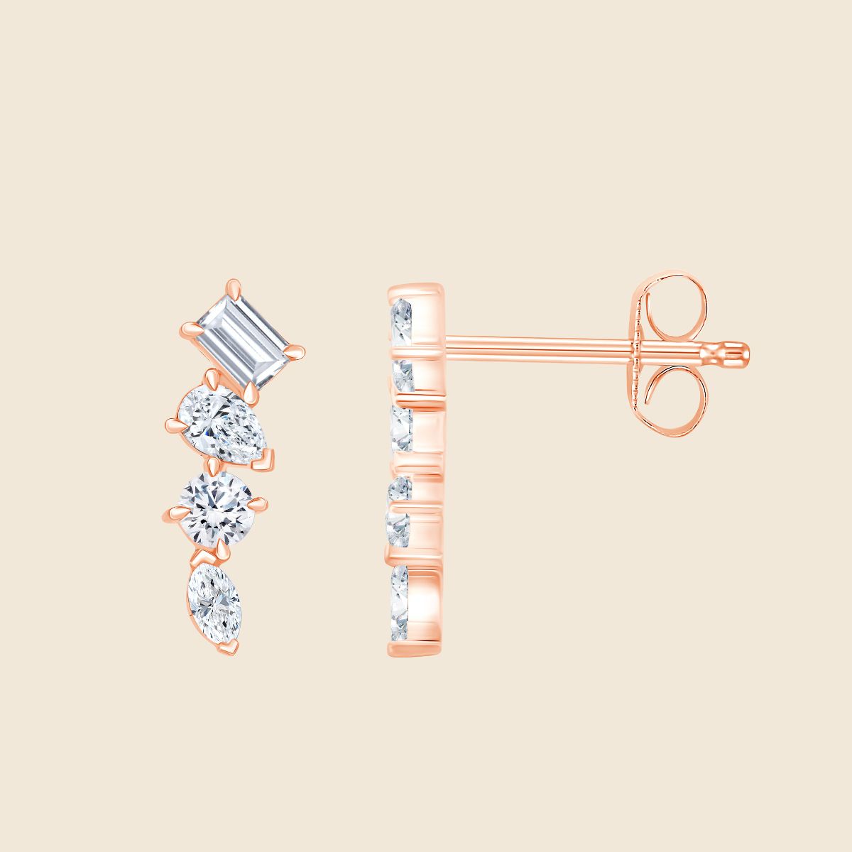 Rosegoldene längliche Ohrstecker mit Diamanten in vier verschiedenen Schliffen