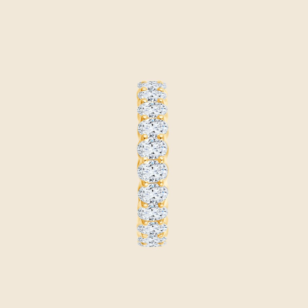 Seitenansicht Ehering Eternity Band mit ovalen Labor Diamanten in geteilter Krappenfassung