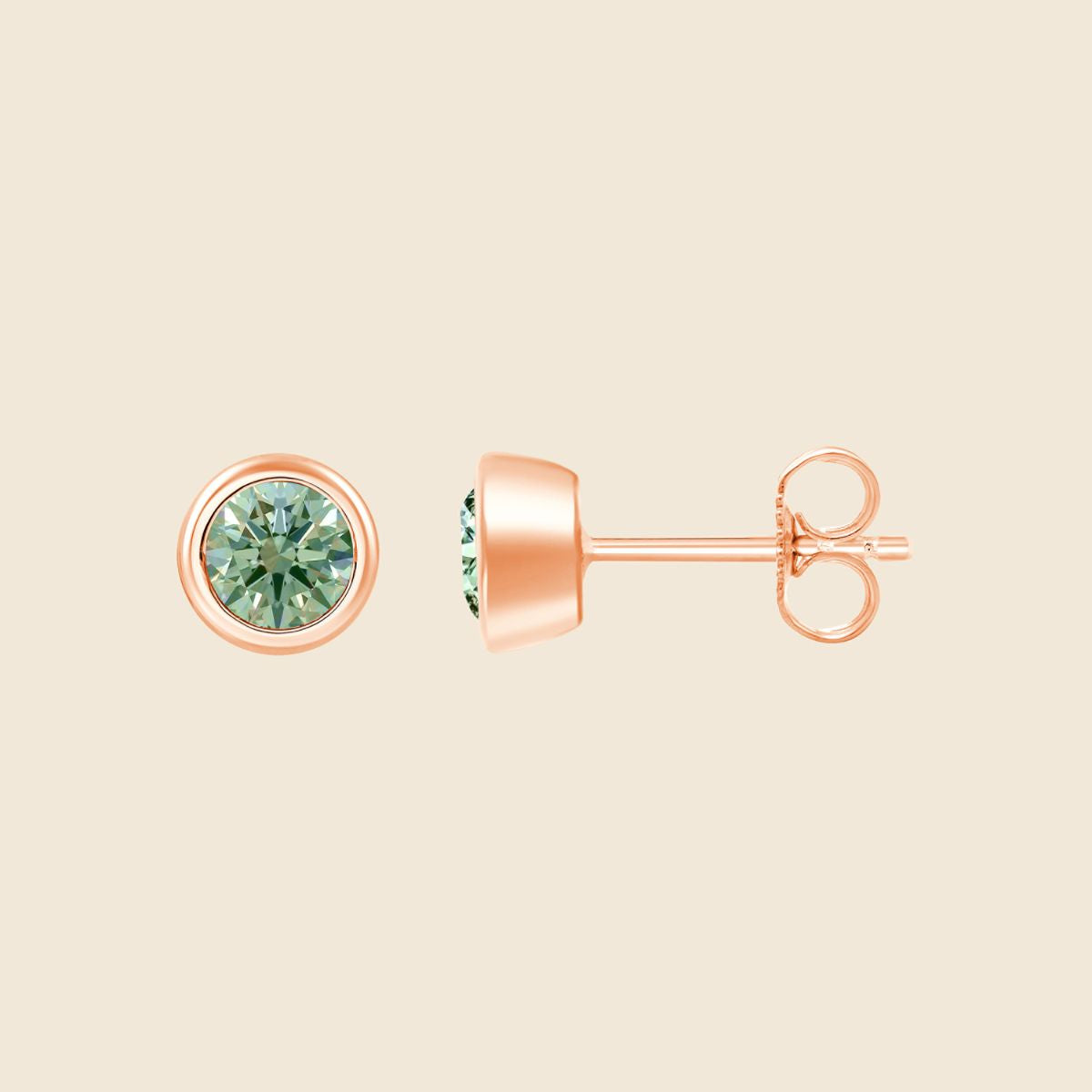 Ohrstecker in Rosé mit rundem grünen Diamanten in Zargenfassung, Vorder- und Seitenansicht