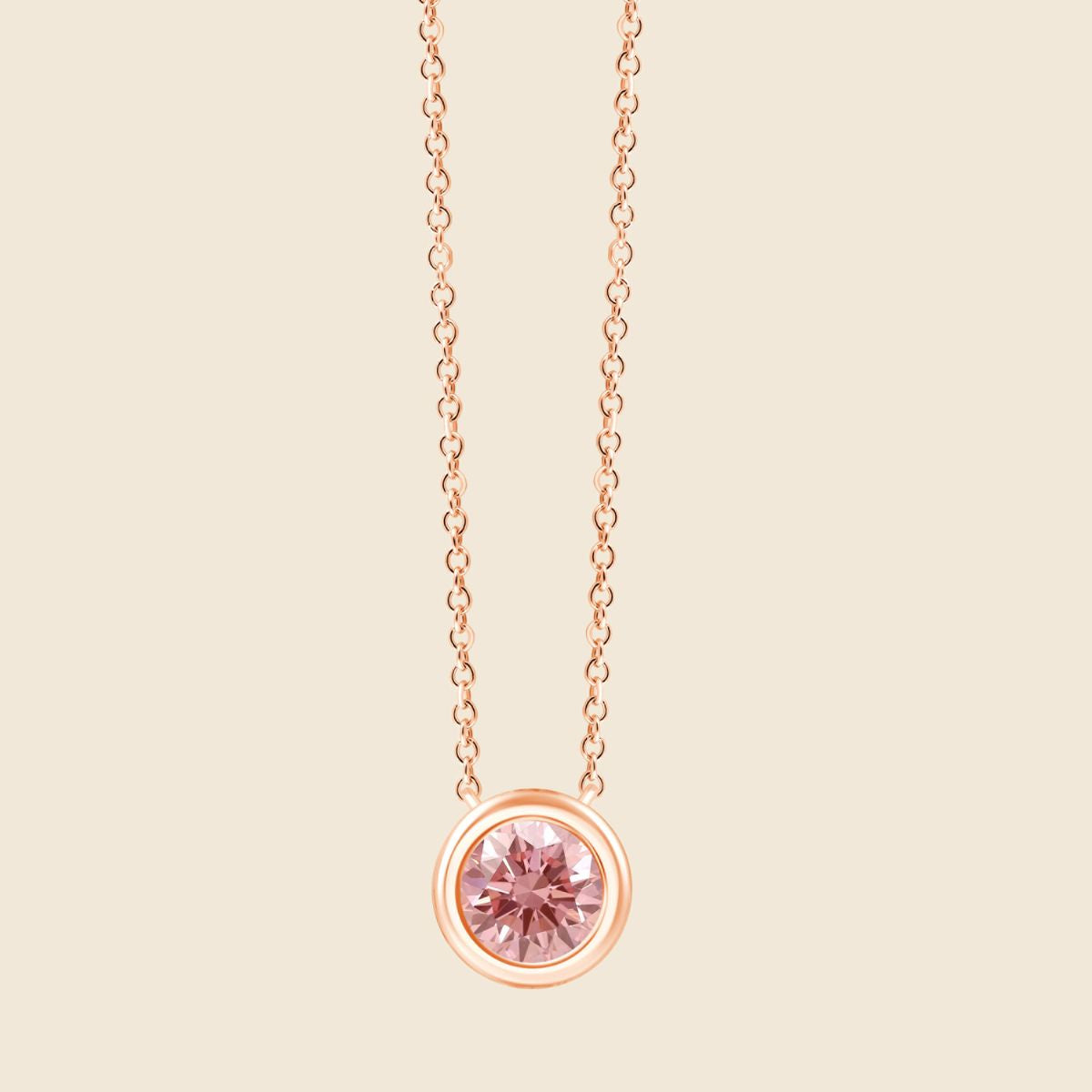 Zarte Halskette aus Roségold mit rundem rosa Diamant in Zargenfassung,
