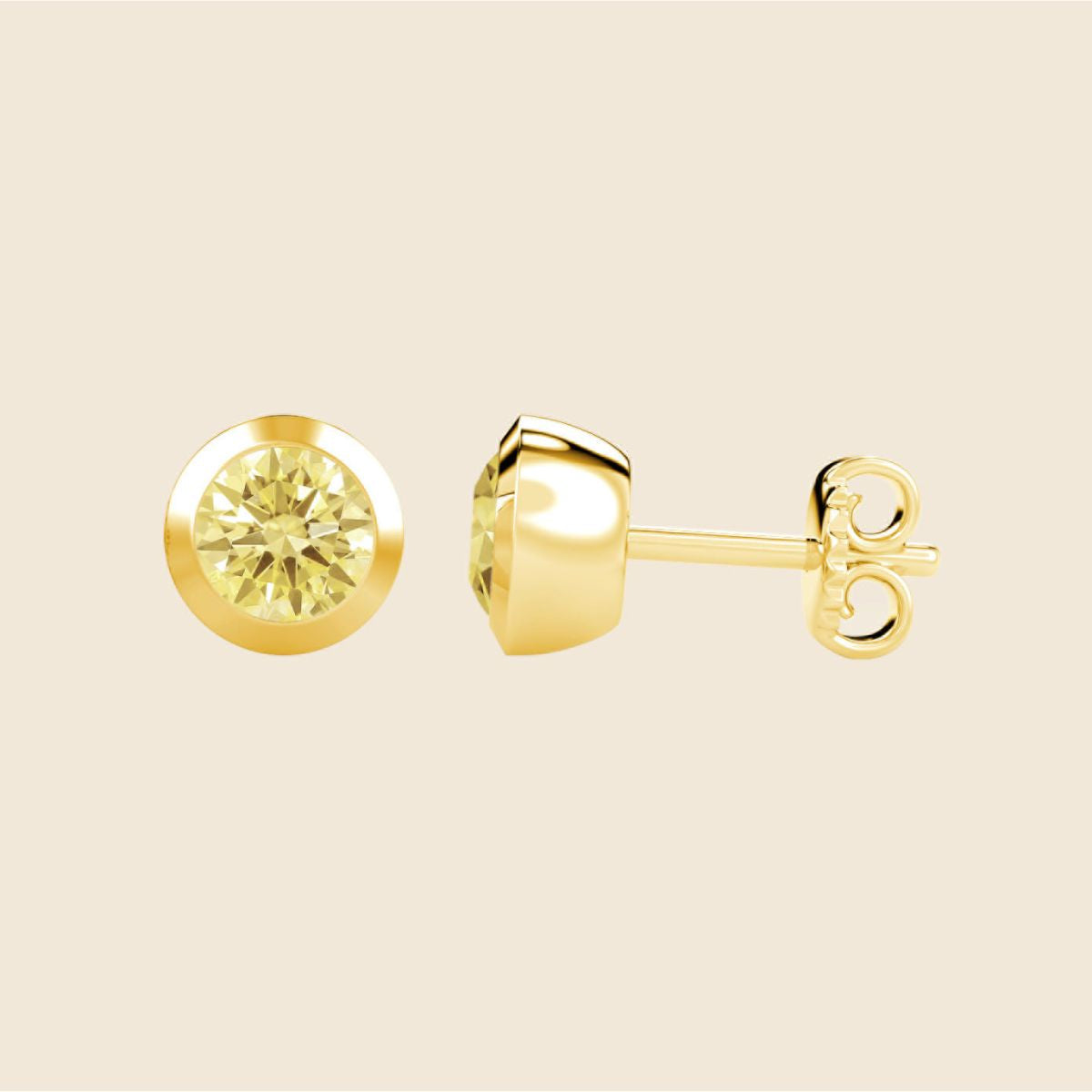 Ohrstecker aus Gelbgold mit rundem gelbem 1ct Diamanten in Zargenfassung, Vorder- und Seitenansicht