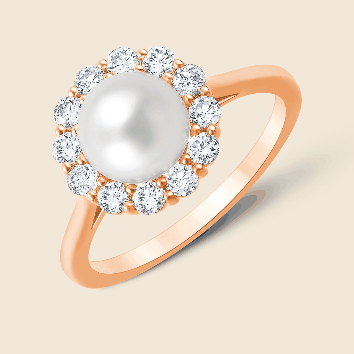 Goldring rosé mit zentraler Perle und Halo mit Lab Diamanten