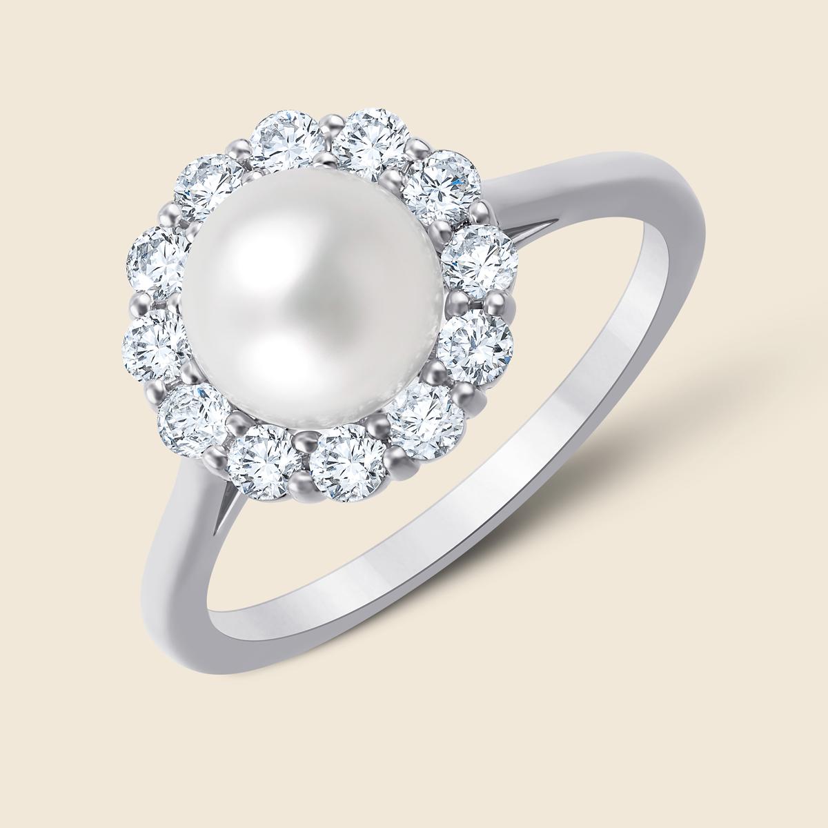 Goldring weiß mit zentraler Perle und Halo aus Lab Diamanten