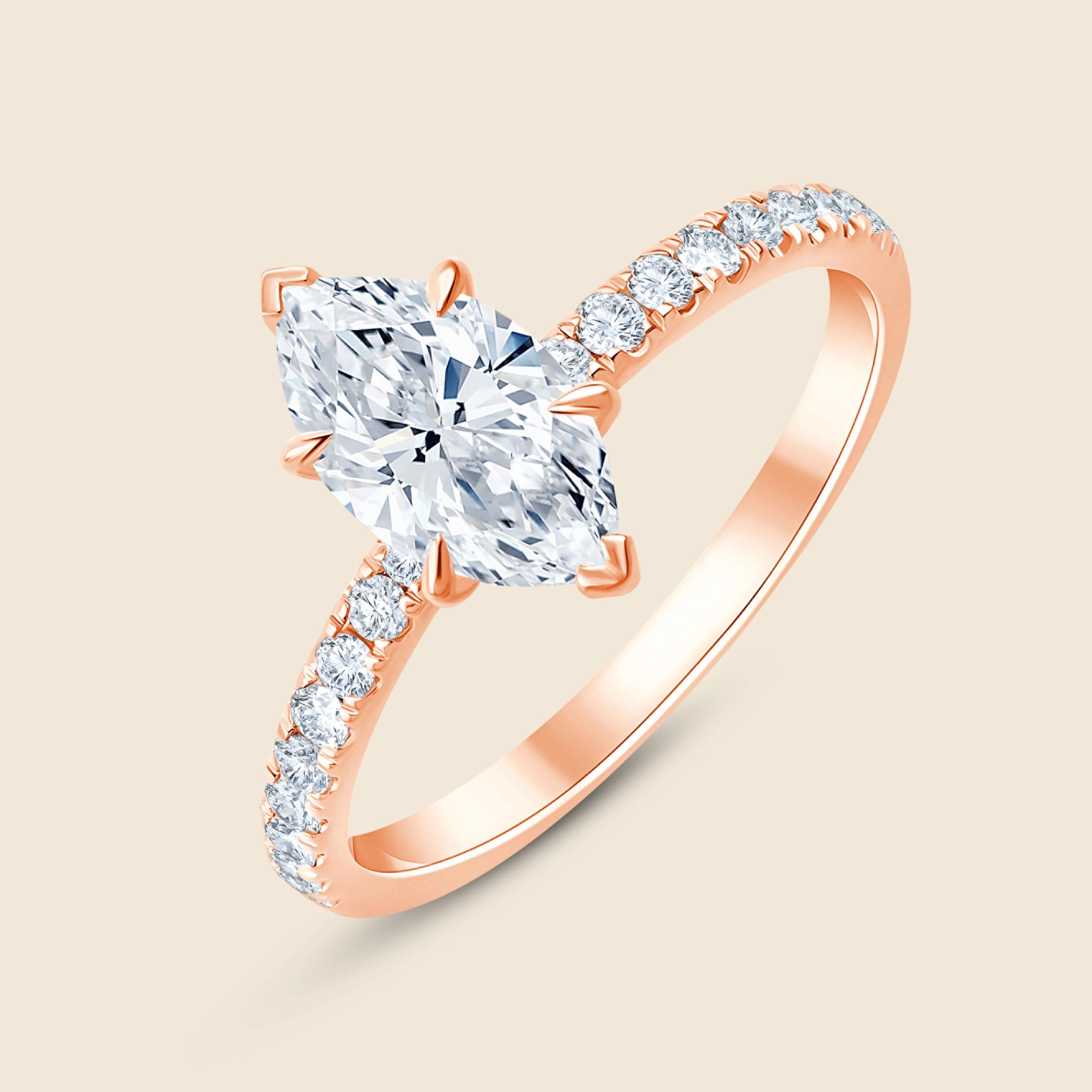 Verlobungsring aus Rosegold mit 1 Carat Lab Diamant im Marquiseschliff und Pavé-besetzter Ringschiene