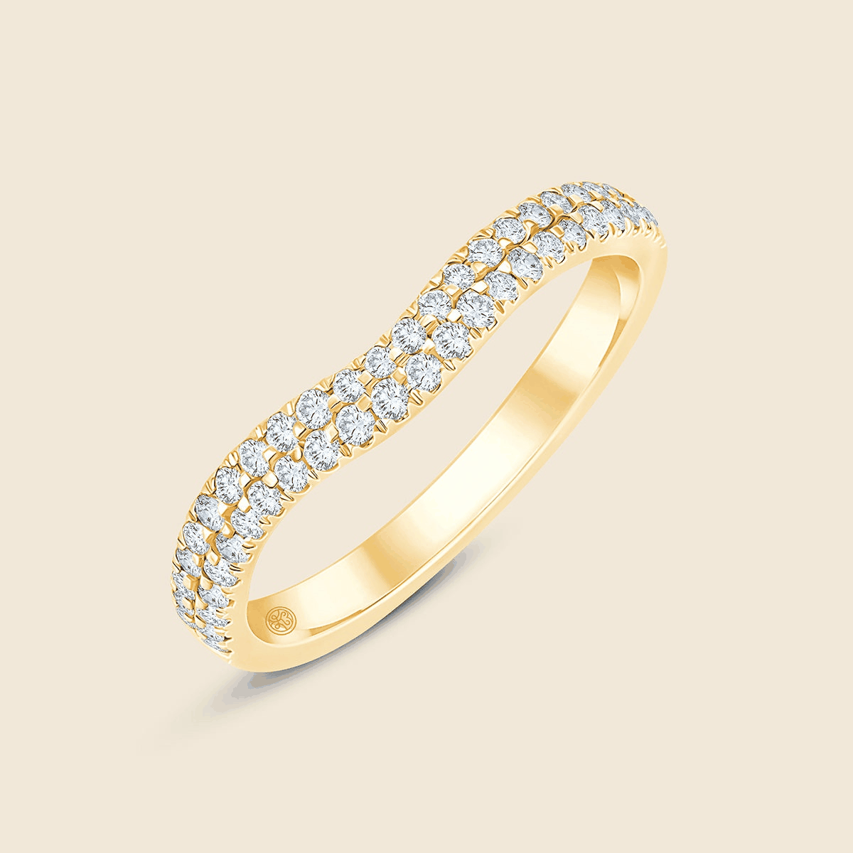 Gelbgoldring in Wellenform mit doppelter Ringschiene, mit kleinen Lab Diamanten