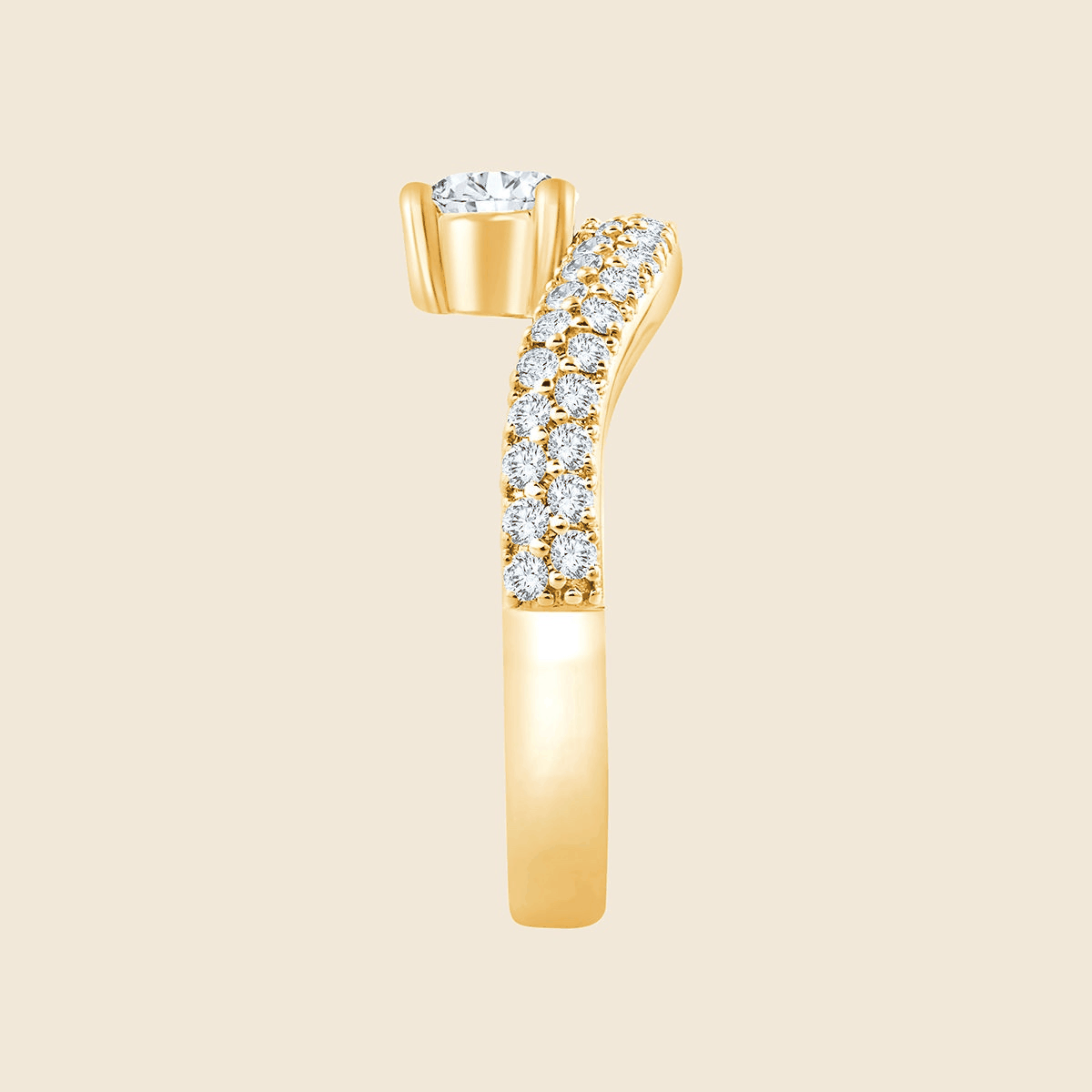 Gelbgold Ring in Wellenform mit Pavé-Diamanten und seitlichem Pear Lab Diamant, seitlich