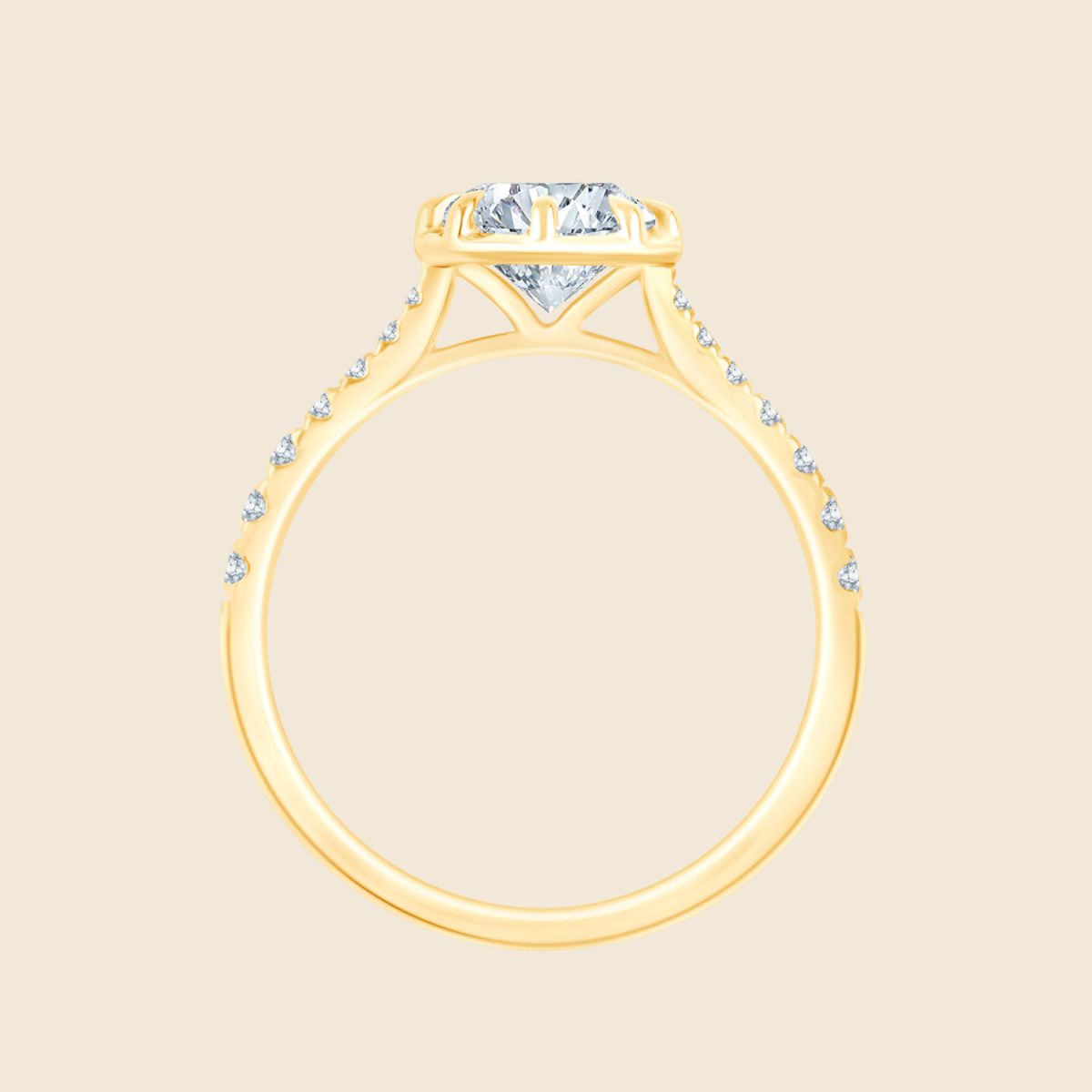 Gelbgold Verlobungsring mit rundem Lab Diamant und Micro-Diamanten, seitlich