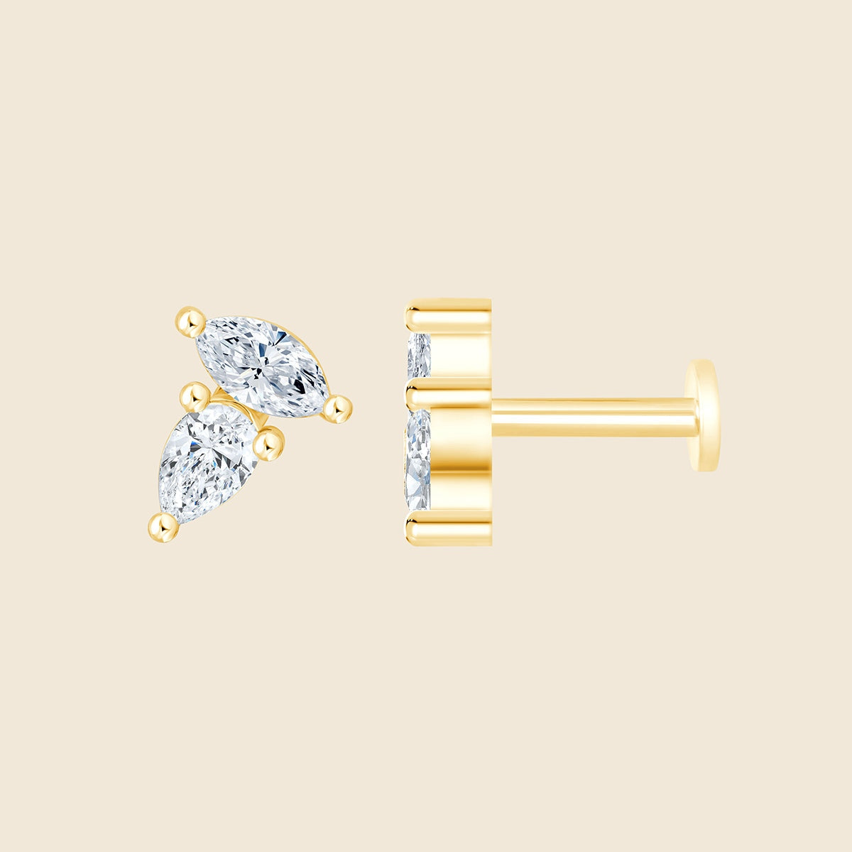 14k Gelbgold Piercing mit 2 Lab-Grown Diamanten im Marquise- und Birnen-Schliff