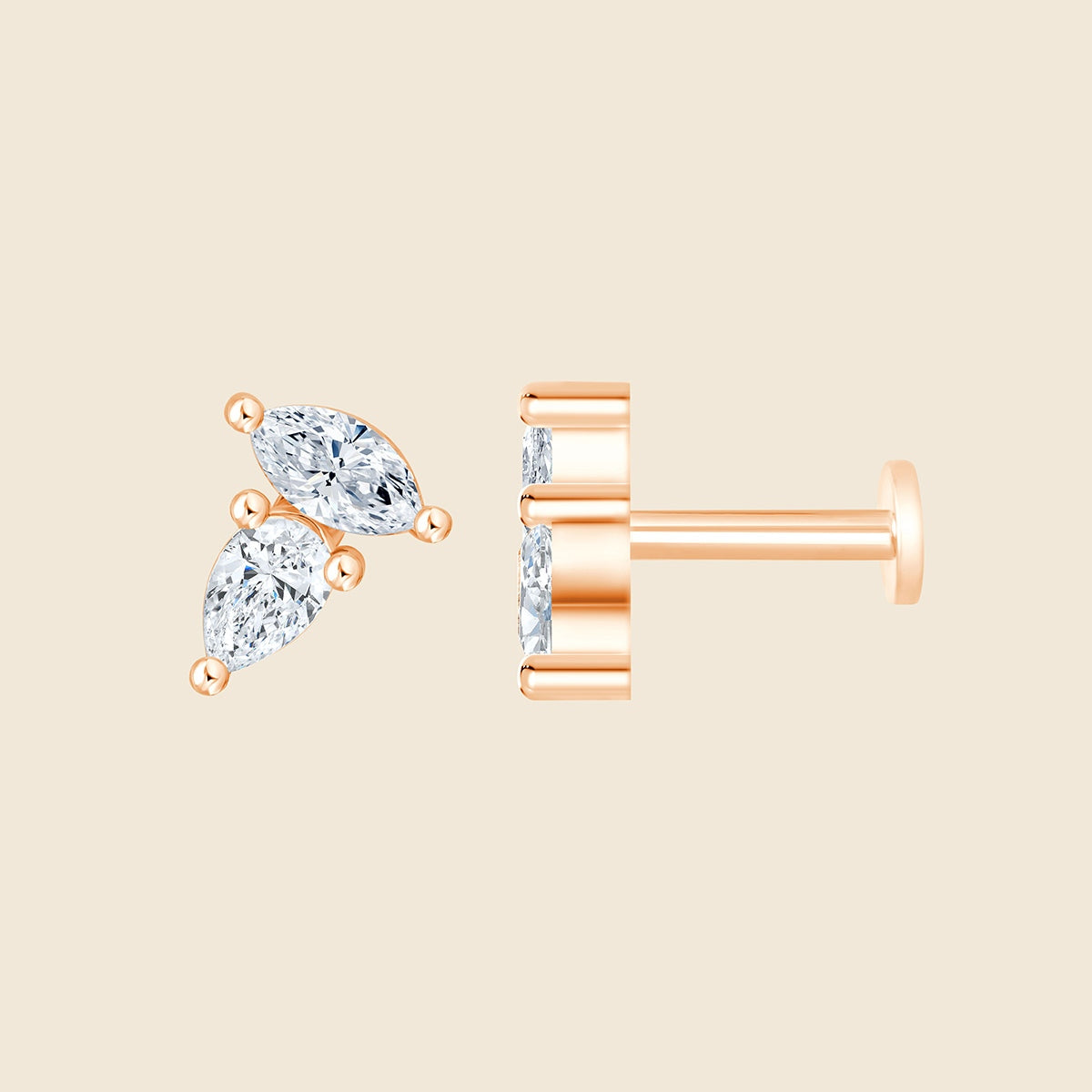 14k Rosegold Piercing mit 2 Lab-Grown Diamanten im Marquise- und Birnen-Schliff