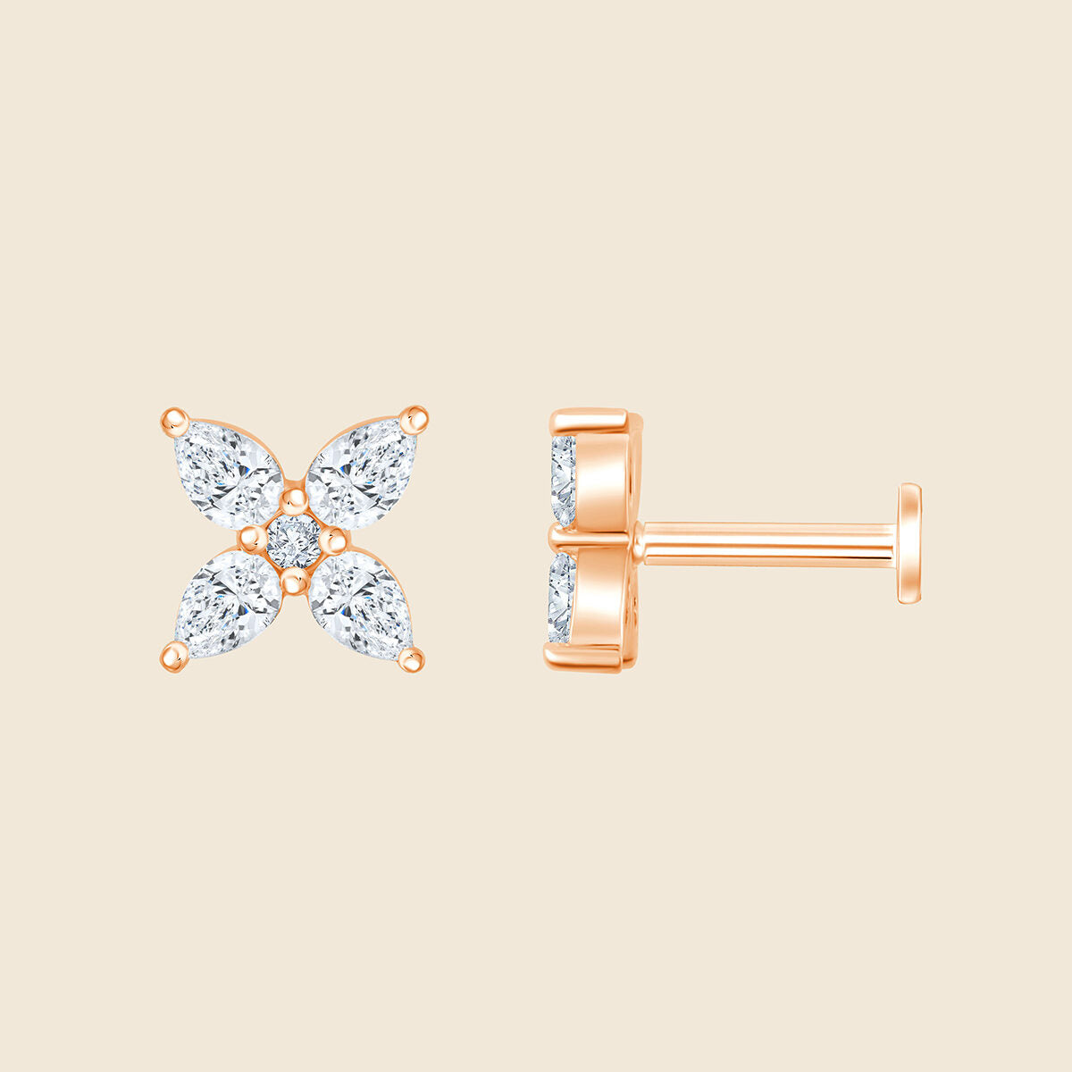 14k Rosegold Piercing mit 5 Lab-Grown Diamanten im Birnen- und Rund-Schliff