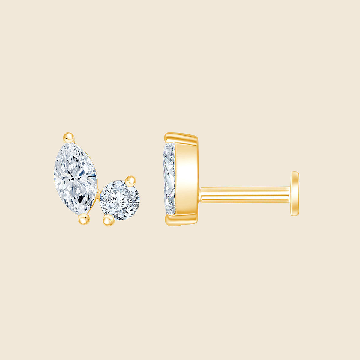 14k Gelbgold Piercing mit 2 Lab-Grown Diamanten im Marquise- und Rund-Schliff