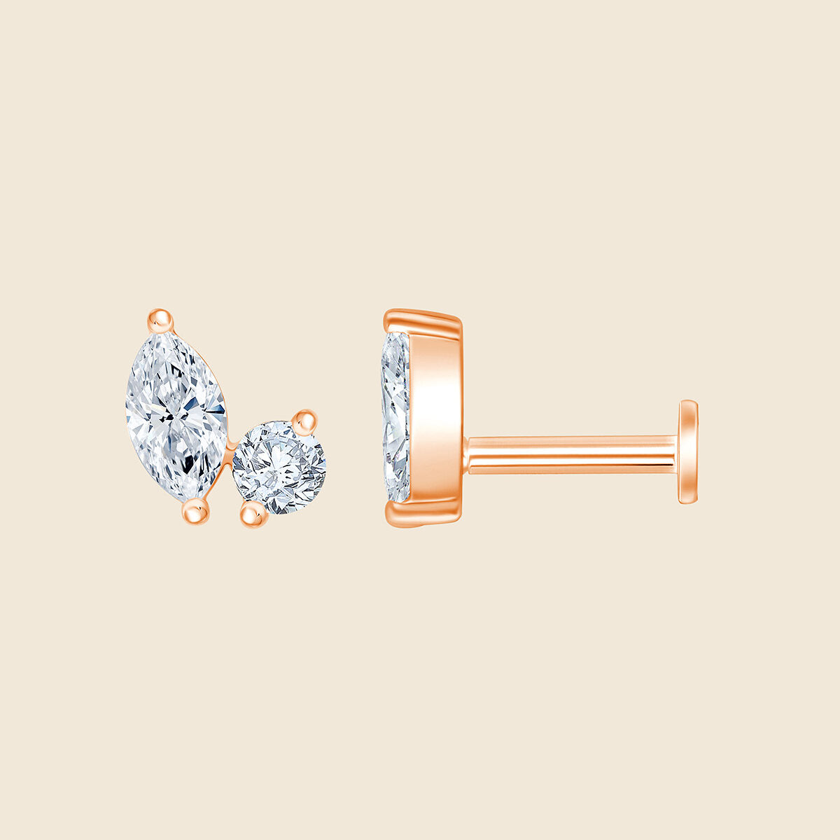 14k Rosegold Piercing mit 2 Lab-Grown Diamanten im Marquise- und Rund-Schliff