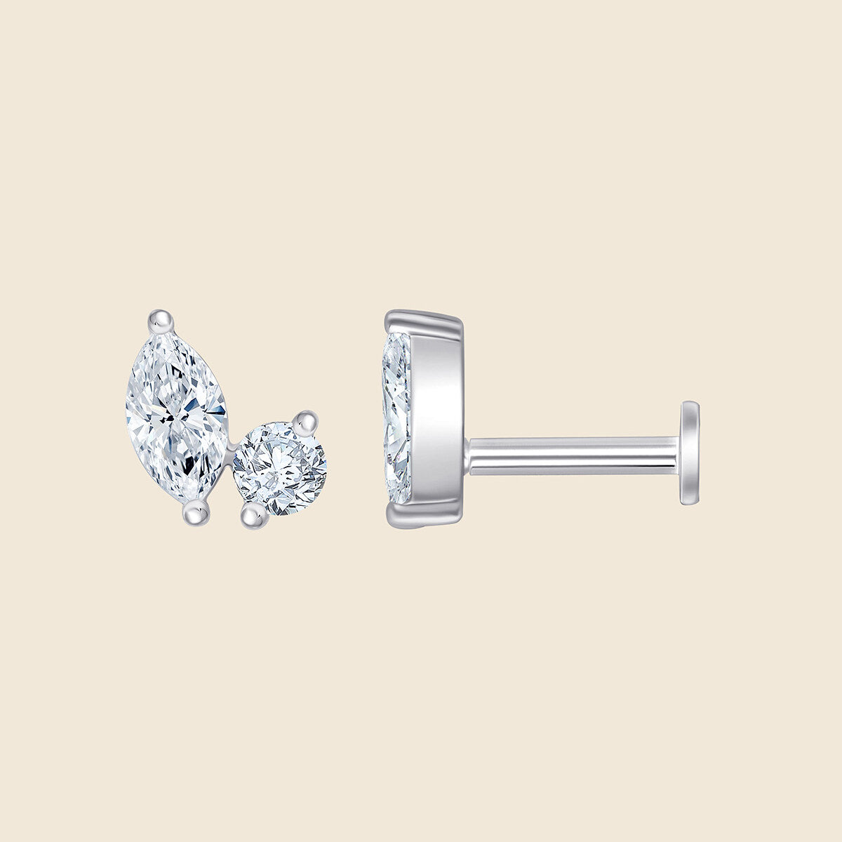 14k Weißgold Piercing mit 2 Lab-Grown Diamanten im Marquise- und Rund-Schliff
