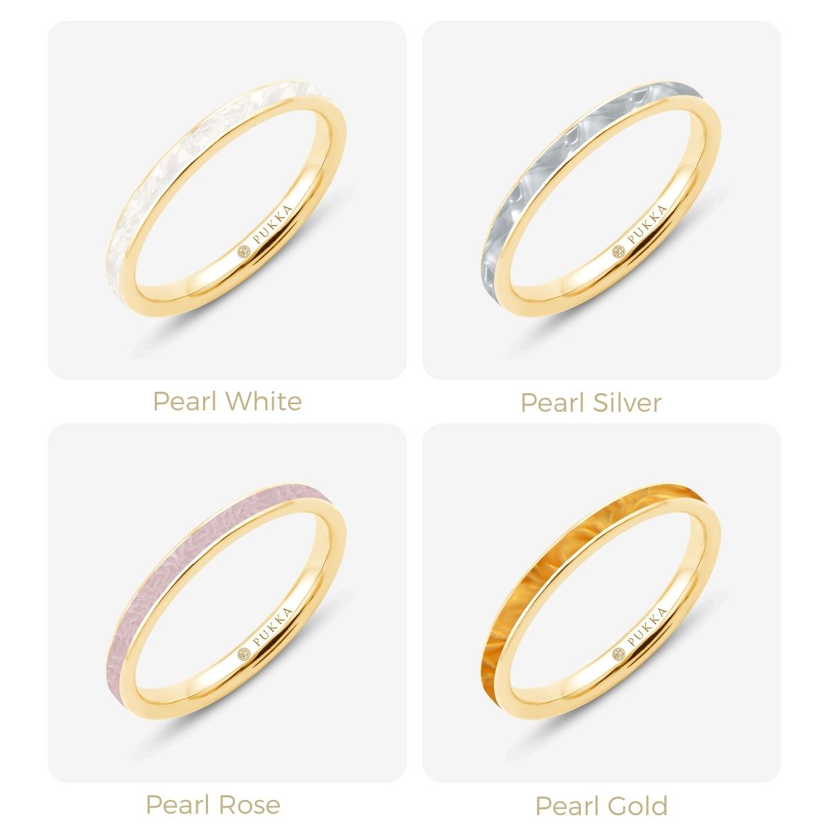 Vier runde Ringe in Perlmuttfarben: Weiß, Silber, Rosé, Gold mit Goldener Fassung in Rasteransicht