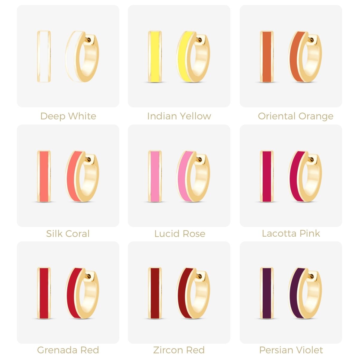 Neun farbenfrohe Kreolen in Rot-, Gelb- und Rosatönen mit goldener Fassung in Rasteransicht dargestellt.