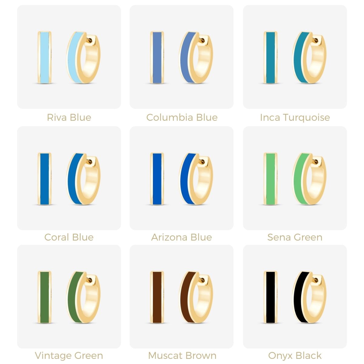 Neun farbenfrohe Kreolen in Blau-, Grün-, Braun- und Schwarztönen mit goldener Fassung in Rasteransicht dargestellt.