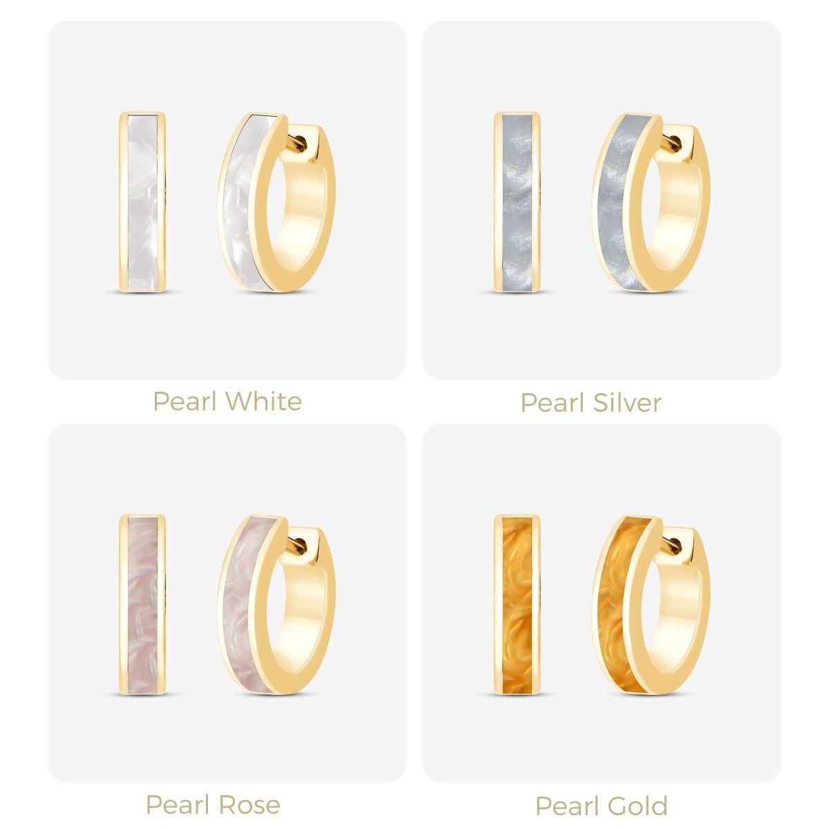 Vier runde, edle Kreolen in Perlmuttfarben: Weiß, Silber, Rosé, Gold mit goldener Fassung in Rasteransicht dargestellt.