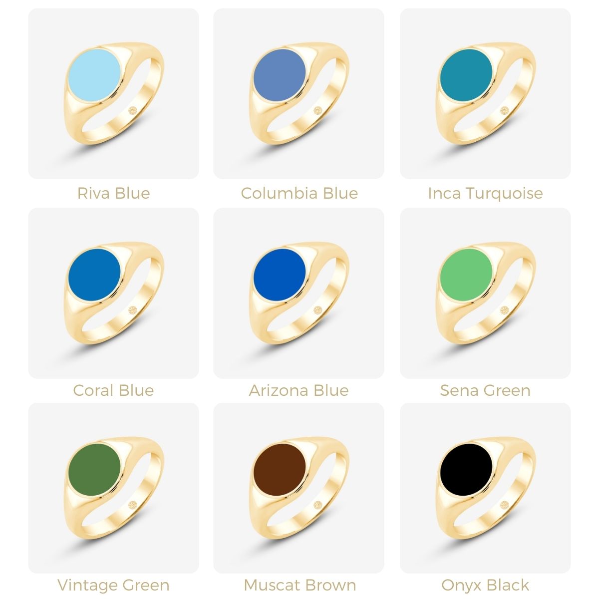 Neun runde Ringe in Blau-, Grün-, Braun- und Schwarztönen mit goldener Fassung