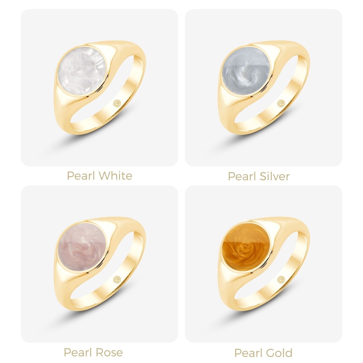 Vier runde Ringe in Perlmuttfarben: Weiß, Silber, Rosé, Gold