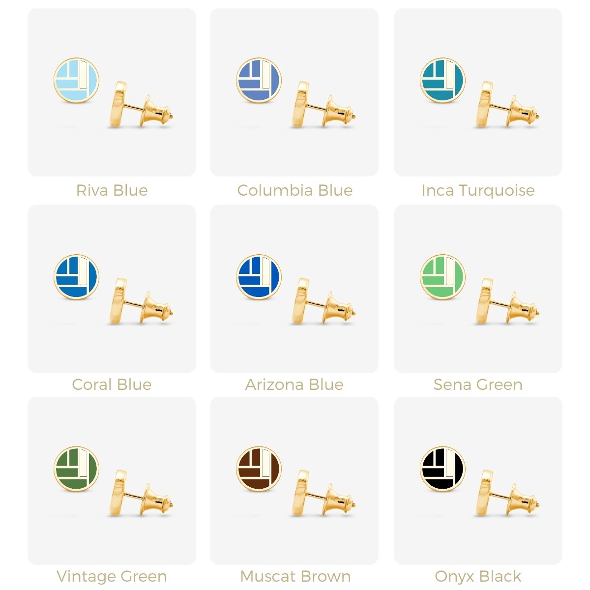 Neun runde Ohrringe in Blau-, Grün-, Braun- und Schwarztönen mit Goldener Fassung in Rasteransicht dargestellt