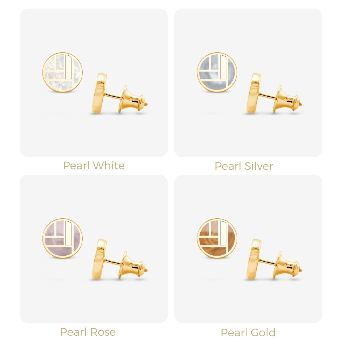 Vier runde Ohrringe in Perlmuttfarben: Weiß, Silber, Rosé, Gold mit Goldener Fassung in Rasteransicht dargestellt