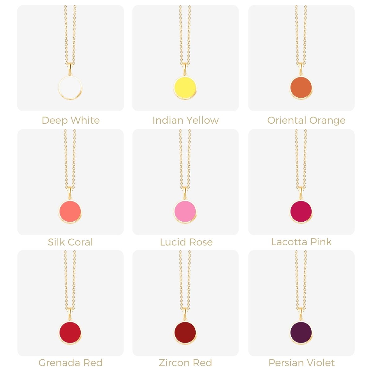 Neun goldene Halsketten mit runden Anhänger in Orange, Rosa und Rottönen