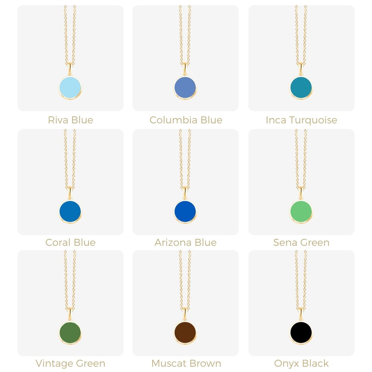 Neun goldene Halsketten mit runden Anhänger in Blau- und Grüntönen