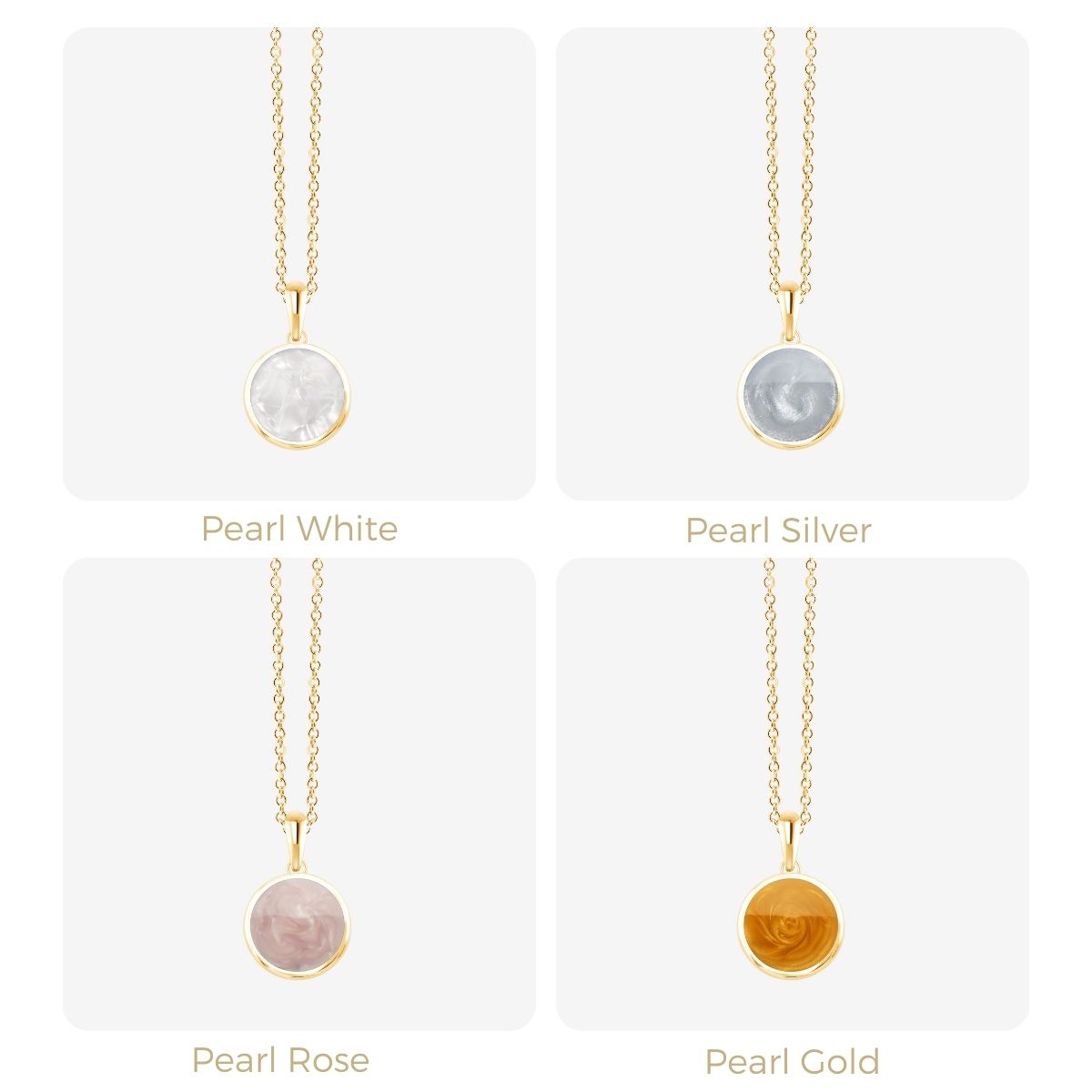 Vier goldene Halsketten mit runden Anhänger in Perlmuttfarben: Weiß, Silber, Rosé, Gold