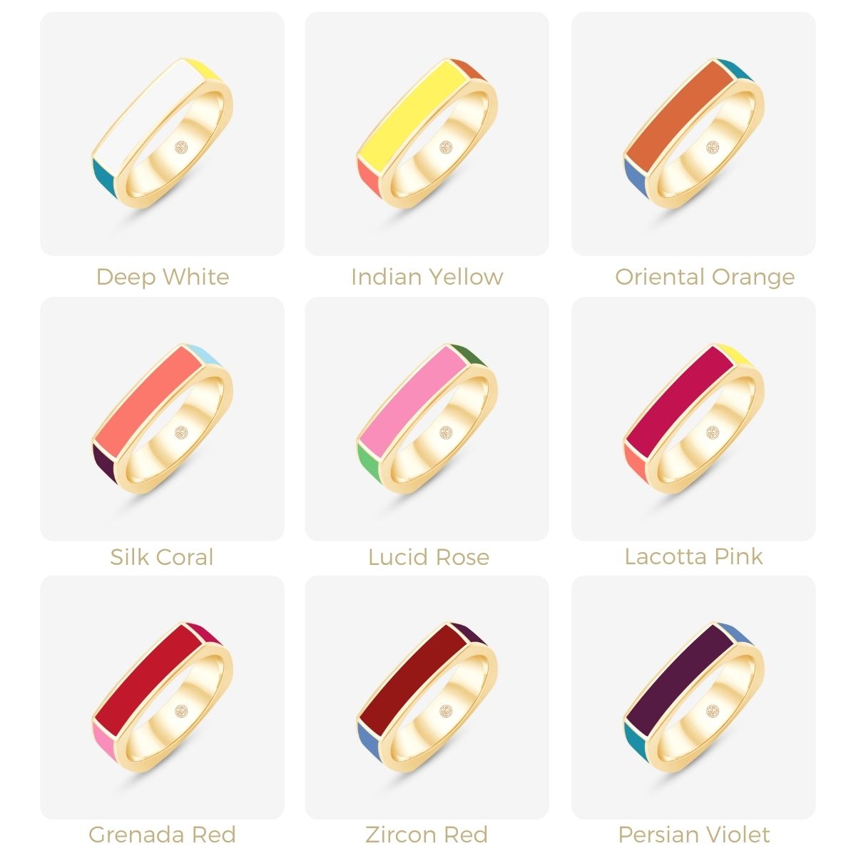 Neun Unisex Ringe in Rot-, Gelb- und Rosatönen mit goldener Fassung in Rasteransicht dargestellt