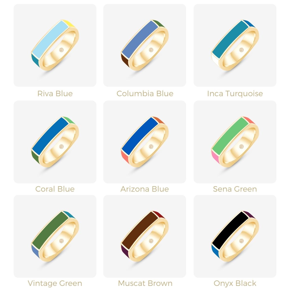 Neun Unisex Ringe in Blau-, Grün-, Braun- und Schwarztönen mit goldener Fassung in Rasteransicht dargestellt