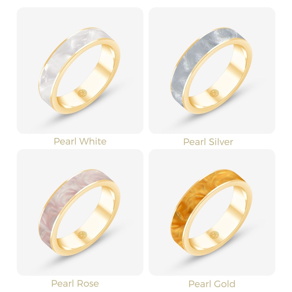 Vier runde Ringe in Perlmuttfarben: Weiß, Silber, Rosé, Gold mit goldener Fassung in Rasteransicht dargestellt