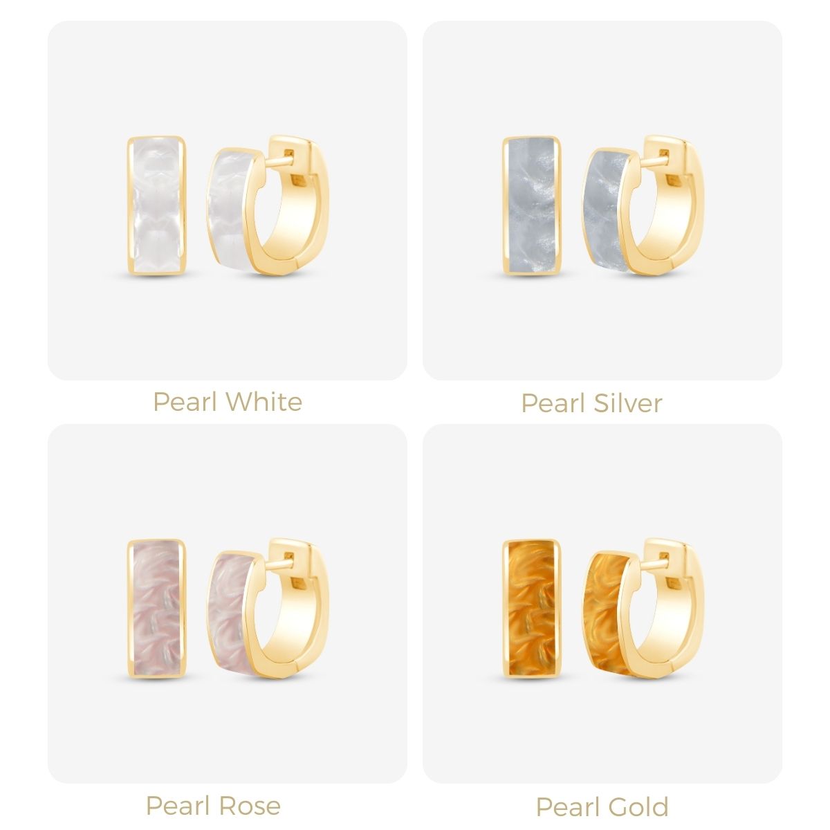 Edle Ohrringe in Perlmuttfarben: Weiß, Silber, Rosé, Gold in Rasteransicht dargestellt.