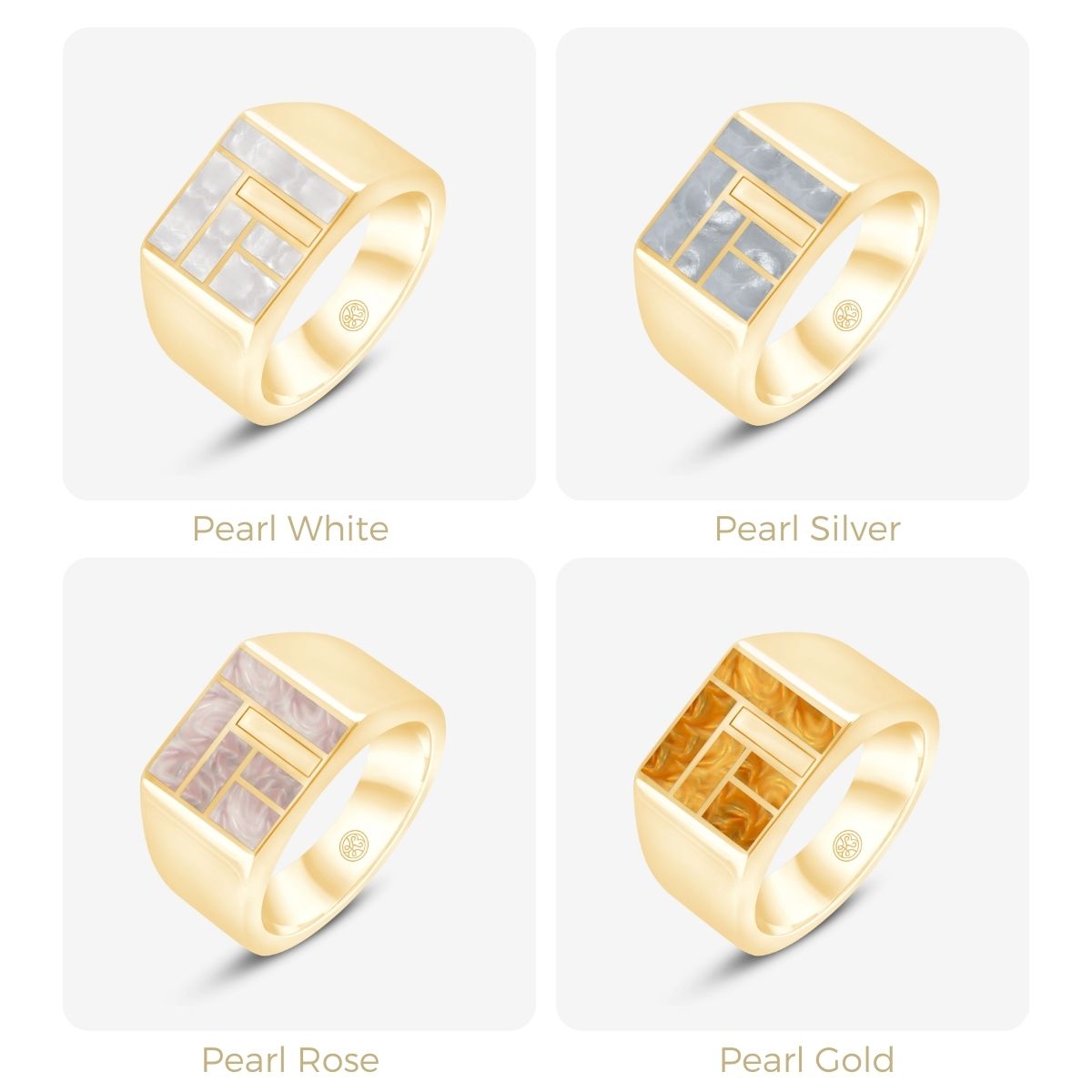 Vier quadratische Siegelringe in Perlmuttfarben: Weiß, Silber, Rosé, Gold mit goldener Fassung in Rasteransicht dargestellt