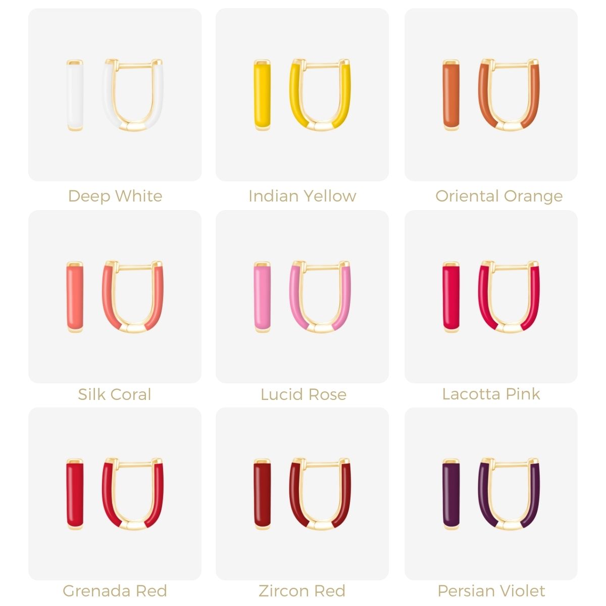 Neun U-förmige Kreolen in Rot-, Gelb- und Rosatönen mit goldener Fassung in Rasteransicht dargestellt